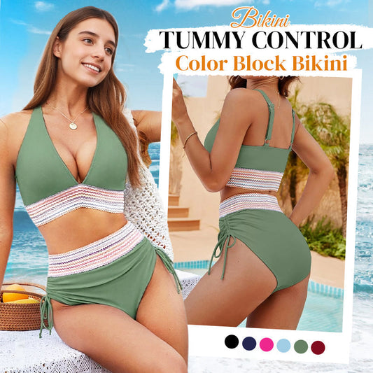 🔥Hot Sale💥-👙High Waisted Tummy Control Color Block Bikini Sets-Q