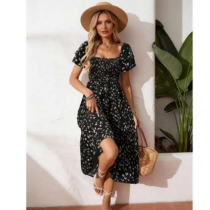 🌿 Summer Floral Smocked Dress with Square Neck — Wear to Beach, Brunch or Evening-Q