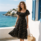 🌿 Summer Floral Smocked Dress with Square Neck — Wear to Beach, Brunch or Evening-Q