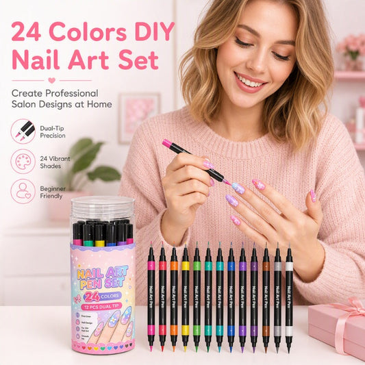 ⏳LAST DAY SALE ONLY ￡7.99!!💕🎁24 Shades Dual-Tip Nail Art Marker Kit, Quick-Dry Painting Pens For DIY Nail Designs💅